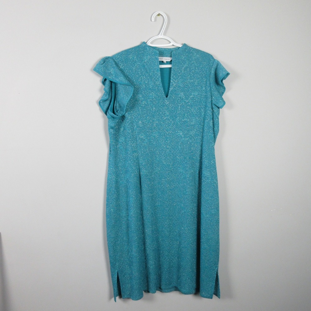 MING WANG Teal Sparkle Knit Mock Neck Flutter Sleeve Midi Dress XL